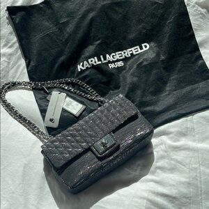NWT Agyness Karl Lagerfeld Black and Silver Quilted Chain Bag